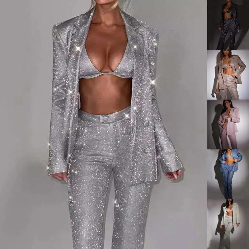 3pcs Shiny Long-sleeved Suit With Bra Lapel Blazer And Straight-leg Trousers Fashion Party Jacket Set For Women Clothing J&M Cheap Store