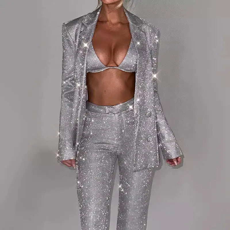 3pcs Shiny Long-sleeved Suit With Bra Lapel Blazer And Straight-leg Trousers Fashion Party Jacket Set For Women Clothing J&M Cheap Store