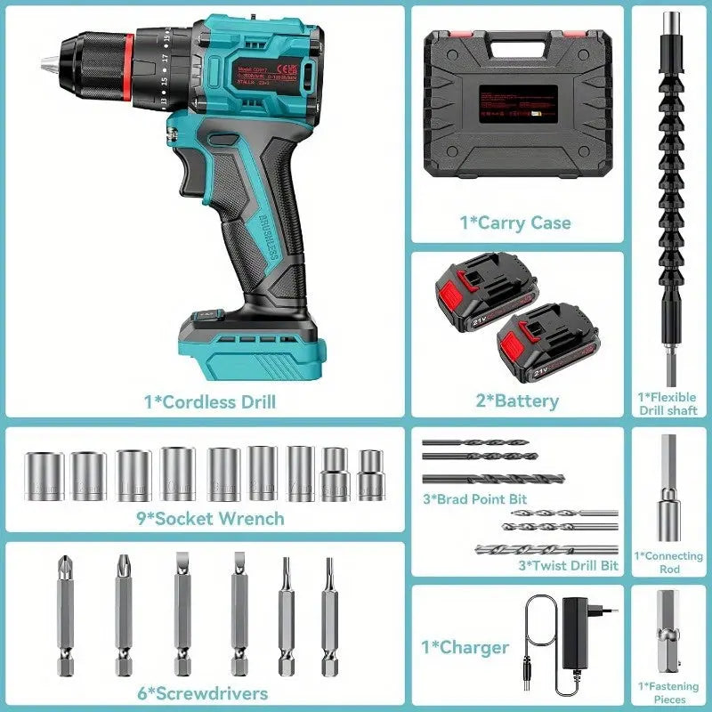 Brushless Cordless Screwdriver Set 21V, Cordless Drill Driver Brushless, Cordless Impact Drill Driver, Cordless Drill Driver Drilling Machine Cordless Drill Screwdriver (55 Nm, 2-Speed Gearbox, 23+3 Steps, 2X 2.0 Ah Batteries J&M Cheap Store