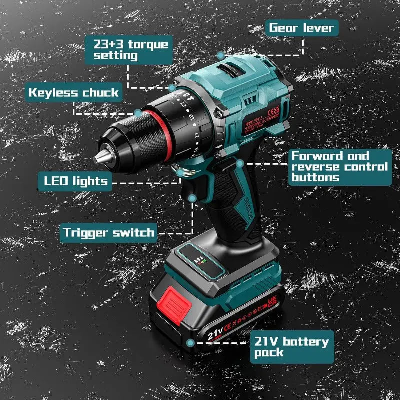 Brushless Cordless Screwdriver Set 21V, Cordless Drill Driver Brushless, Cordless Impact Drill Driver, Cordless Drill Driver Drilling Machine Cordless Drill Screwdriver (55 Nm, 2-Speed Gearbox, 23+3 Steps, 2X 2.0 Ah Batteries J&M Cheap Store