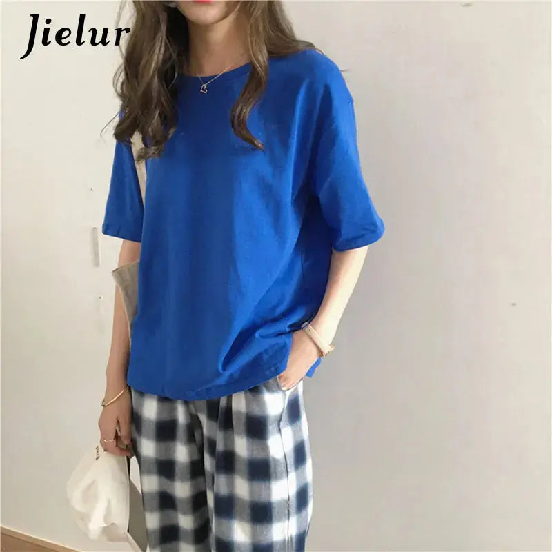 Jielur Tee Shirt Solid Color Basic T Shirt Women Casual O-neck Harajuku Summer Top Korean Hipster White Tshirt S-XL J&M Cheap Store