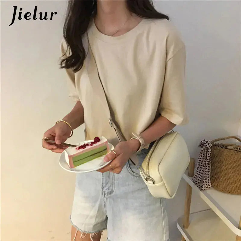 Jielur Tee Shirt Solid Color Basic T Shirt Women Casual O-neck Harajuku Summer Top Korean Hipster White Tshirt S-XL J&M Cheap Store