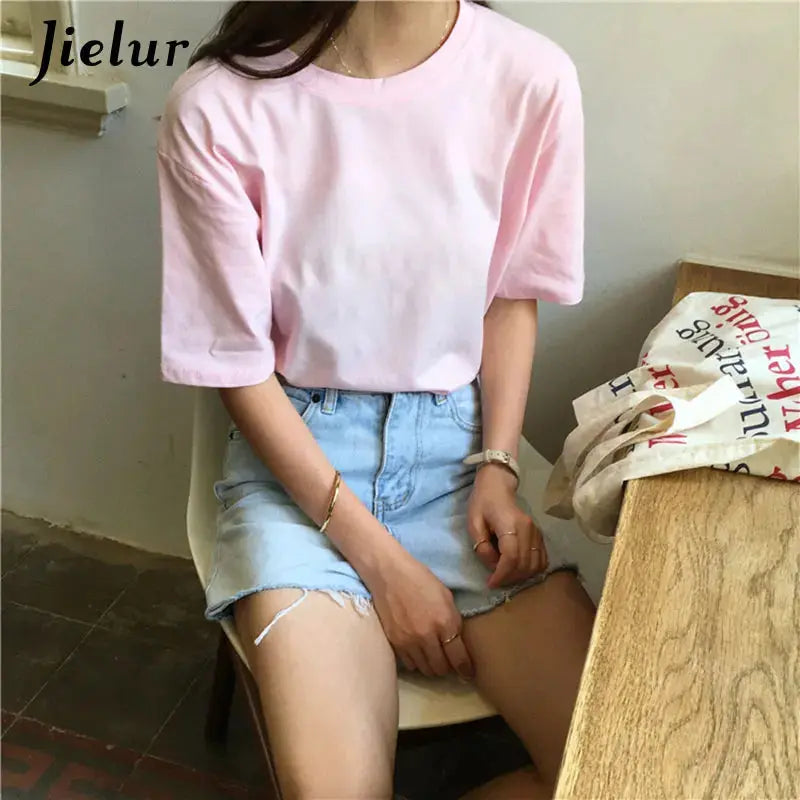 Jielur Tee Shirt Solid Color Basic T Shirt Women Casual O-neck Harajuku Summer Top Korean Hipster White Tshirt S-XL J&M Cheap Store