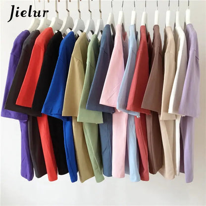 Jielur Tee Shirt Solid Color Basic T Shirt Women Casual O-neck Harajuku Summer Top Korean Hipster White Tshirt S-XL J&M Cheap Store