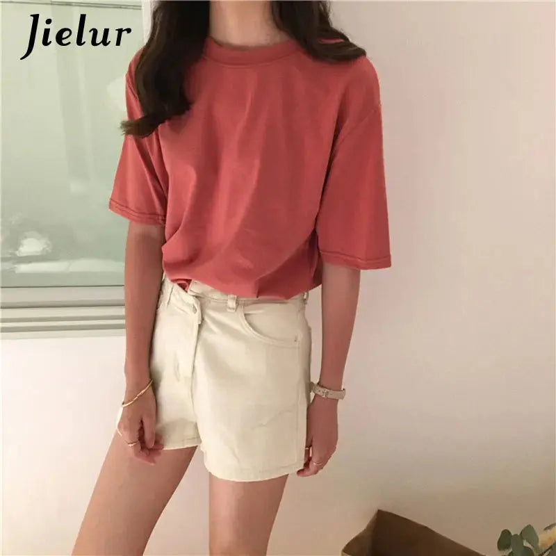 Jielur Tee Shirt Solid Color Basic T Shirt Women Casual O-neck Harajuku Summer Top Korean Hipster White Tshirt S-XL J&M Cheap Store