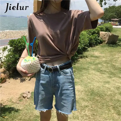 Jielur Tee Shirt Solid Color Basic T Shirt Women Casual O-neck Harajuku Summer Top Korean Hipster White Tshirt S-XL J&M Cheap Store