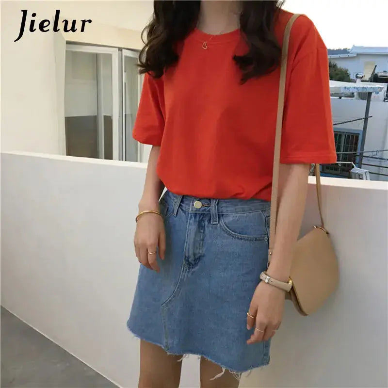 Jielur Tee Shirt Solid Color Basic T Shirt Women Casual O-neck Harajuku Summer Top Korean Hipster White Tshirt S-XL J&M Cheap Store