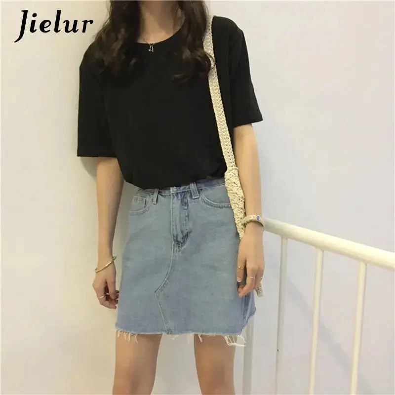 Jielur Tee Shirt Solid Color Basic T Shirt Women Casual O-neck Harajuku Summer Top Korean Hipster White Tshirt S-XL J&M Cheap Store