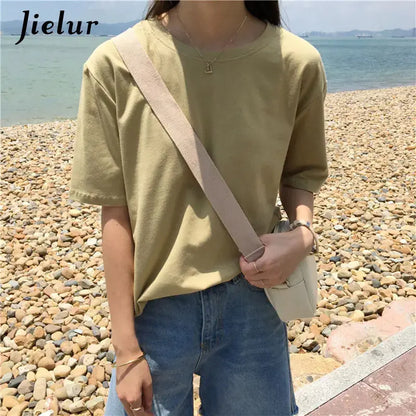 Jielur Tee Shirt Solid Color Basic T Shirt Women Casual O-neck Harajuku Summer Top Korean Hipster White Tshirt S-XL J&M Cheap Store