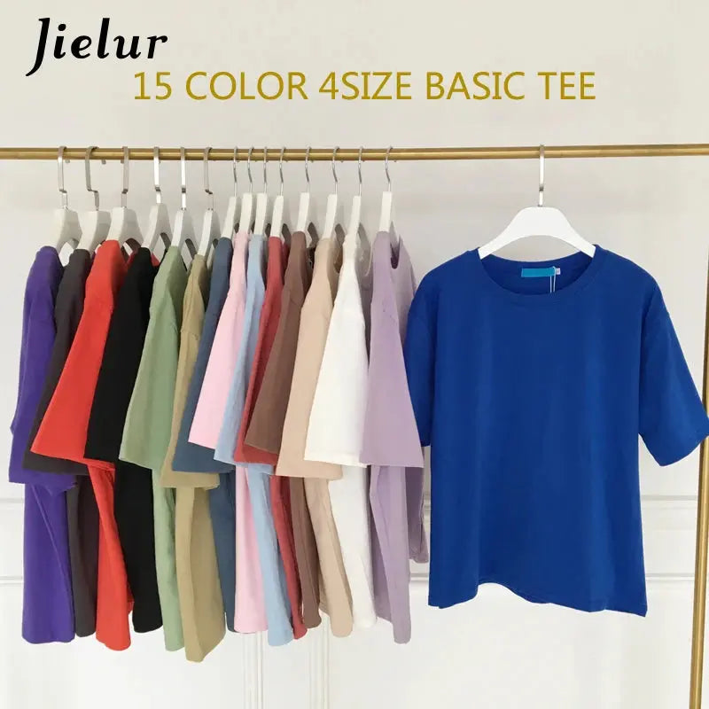 Jielur Tee Shirt Solid Color Basic T Shirt Women Casual O-neck Harajuku Summer Top Korean Hipster White Tshirt S-XL J&M Cheap Store