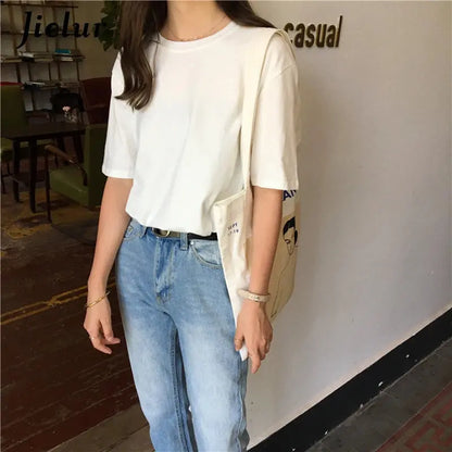 Jielur Tee Shirt Solid Color Basic T Shirt Women Casual O-neck Harajuku Summer Top Korean Hipster White Tshirt S-XL J&M Cheap Store