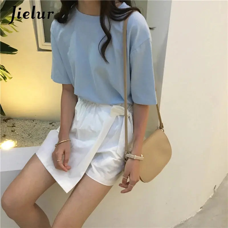 Jielur Tee Shirt Solid Color Basic T Shirt Women Casual O-neck Harajuku Summer Top Korean Hipster White Tshirt S-XL J&M Cheap Store