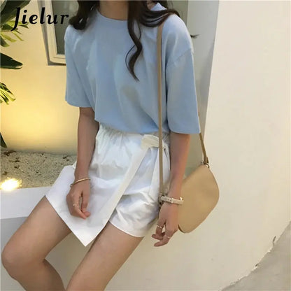 Jielur Tee Shirt Solid Color Basic T Shirt Women Casual O-neck Harajuku Summer Top Korean Hipster White Tshirt S-XL J&M Cheap Store