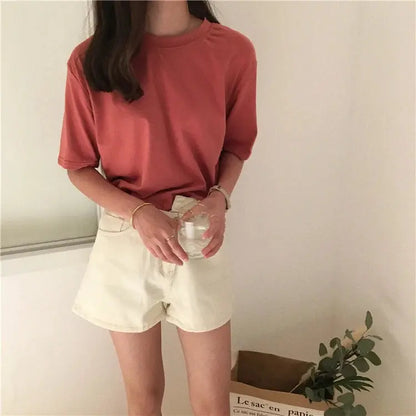 Jielur Tee Shirt Solid Color Basic T Shirt Women Casual O-neck Harajuku Summer Top Korean Hipster White Tshirt S-XL J&M Cheap Store