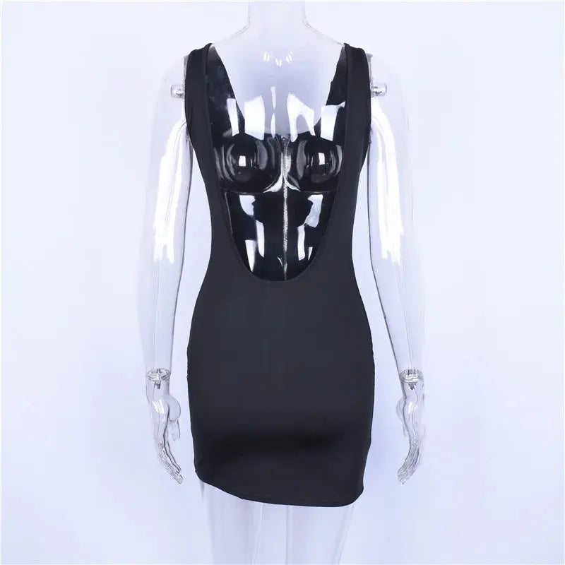 Hugcitar sleeveless V-neck zipper backless sexy bodycon mini dress 2019 summer women fashion black party clothes - J&M Cheap Store