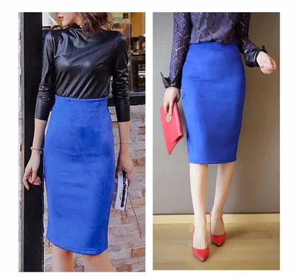 Sexy Multi Color Suede Midi Pencil Skirt Women 2024 Fashion Elastic High Waist Office Lady Bodycon Skirts Saias - J&M Cheap Store