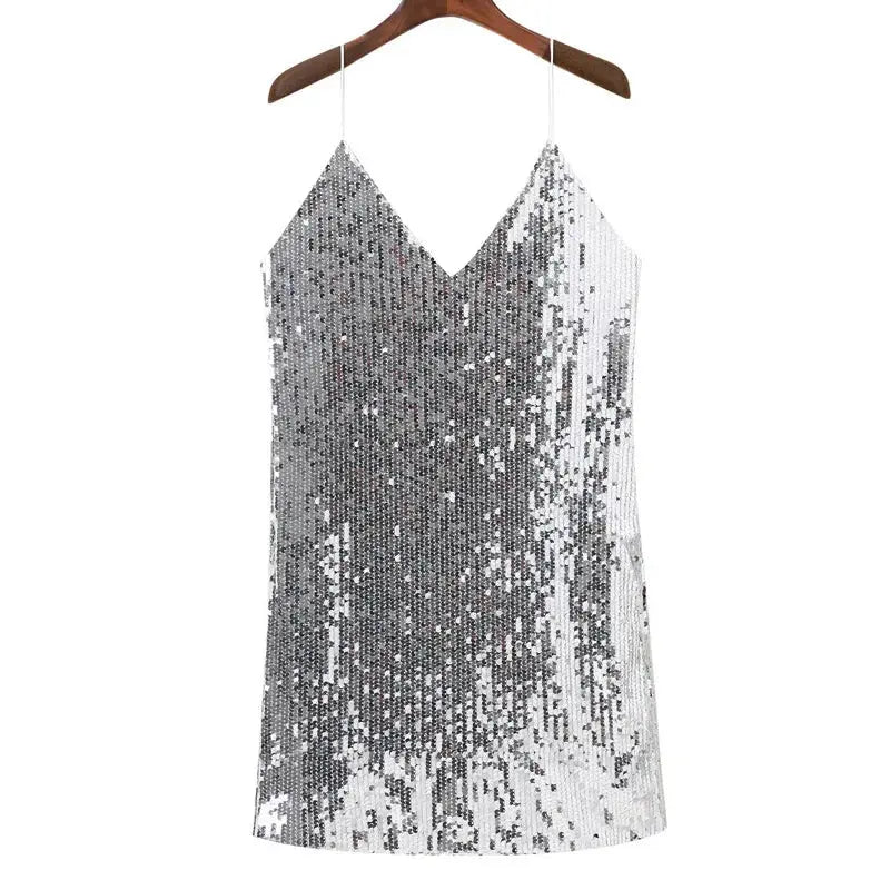 Deep V Neck Autumn Silver Sequined Backless Sexy Dress Women Off Shoulder Mini Dress Christmas Party Club Strap Dresses Vestidos J&M Cheap Store