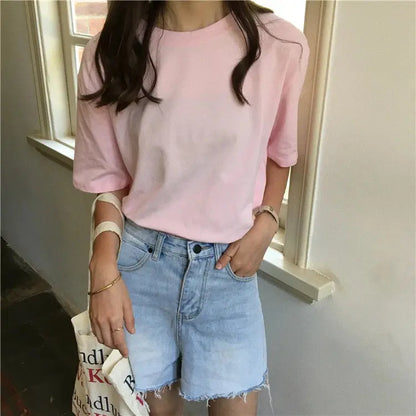 Jielur Tee Shirt Solid Color Basic T Shirt Women Casual O-neck Harajuku Summer Top Korean Hipster White Tshirt S-XL J&M Cheap Store