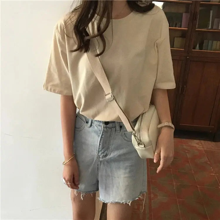 Jielur Tee Shirt Solid Color Basic T Shirt Women Casual O-neck Harajuku Summer Top Korean Hipster White Tshirt S-XL J&M Cheap Store