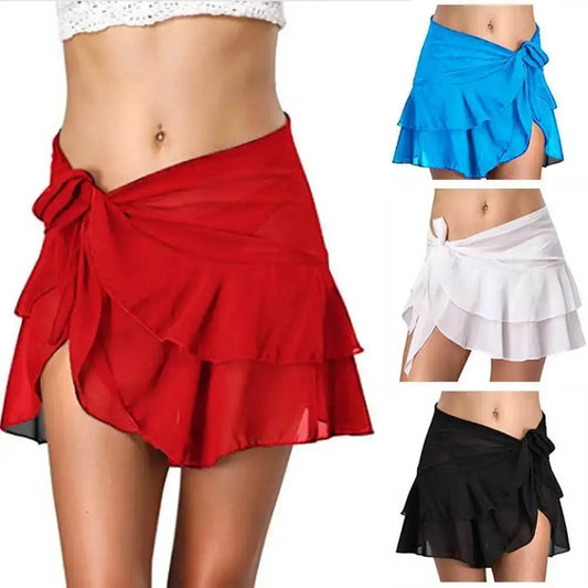 Women Chiffon Beach Cover up Summer Ruffle Bandage Beachwear Short Bathing Swim Suit See Through Mini Skirt New - J&M Cheap Store