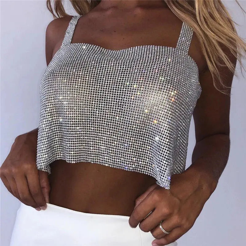 2023 Glitter Nightclub Backless Rhinestone Tank Top Women Sexy Metal Crystal Diamonds Sequined Night Club Party Wear Crop Top J&M Cheap Store