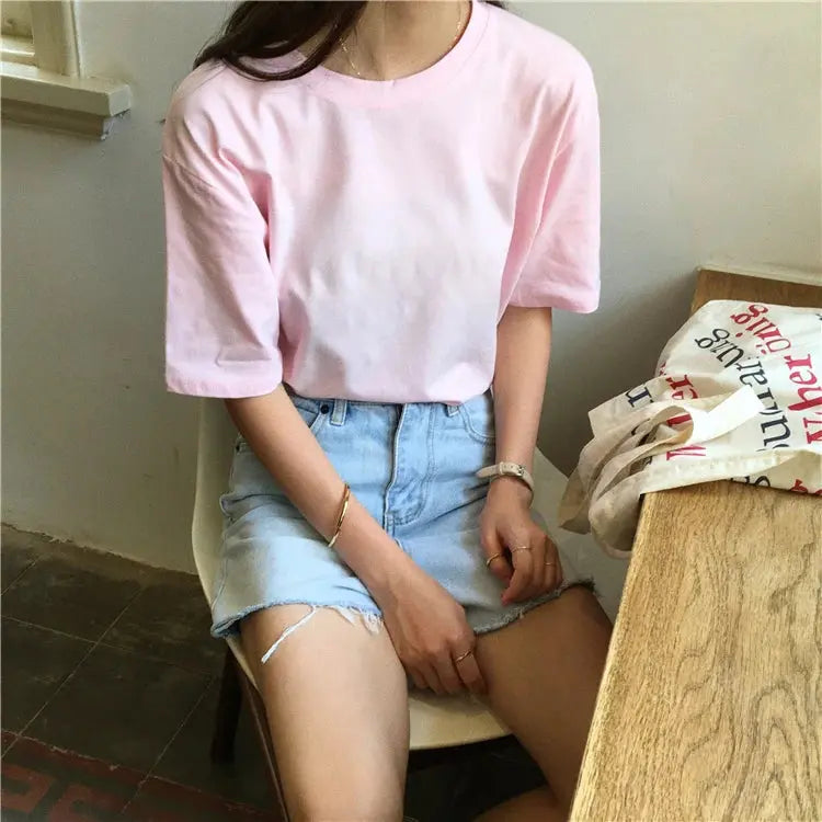 Jielur Tee Shirt Solid Color Basic T Shirt Women Casual O-neck Harajuku Summer Top Korean Hipster White Tshirt S-XL J&M Cheap Store