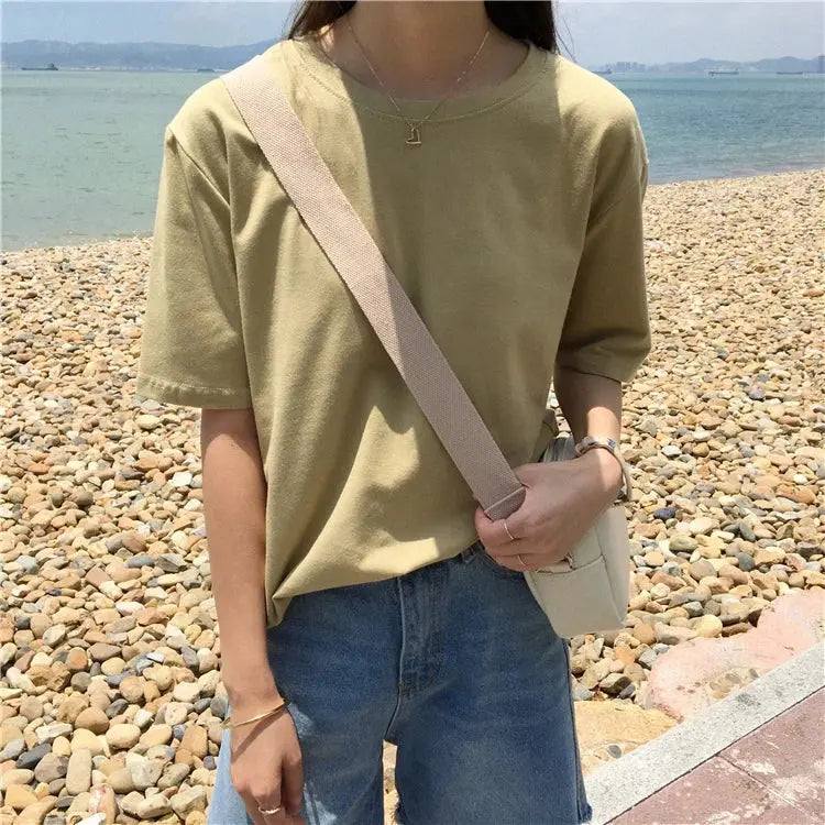 Jielur Tee Shirt Solid Color Basic T Shirt Women Casual O-neck Harajuku Summer Top Korean Hipster White Tshirt S-XL J&M Cheap Store