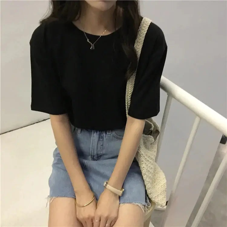 Jielur Tee Shirt Solid Color Basic T Shirt Women Casual O-neck Harajuku Summer Top Korean Hipster White Tshirt S-XL J&M Cheap Store