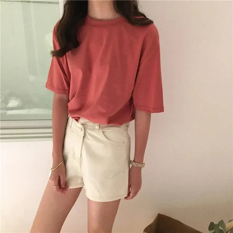 Jielur Tee Shirt Solid Color Basic T Shirt Women Casual O-neck Harajuku Summer Top Korean Hipster White Tshirt S-XL J&M Cheap Store