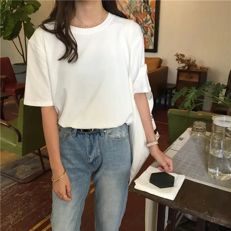 Jielur Tee Shirt Solid Color Basic T Shirt Women Casual O-neck Harajuku Summer Top Korean Hipster White Tshirt S-XL J&M Cheap Store