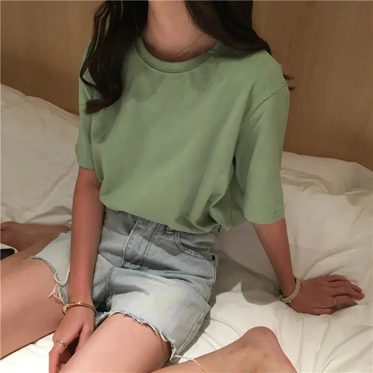 Jielur Tee Shirt Solid Color Basic T Shirt Women Casual O-neck Harajuku Summer Top Korean Hipster White Tshirt S-XL J&M Cheap Store