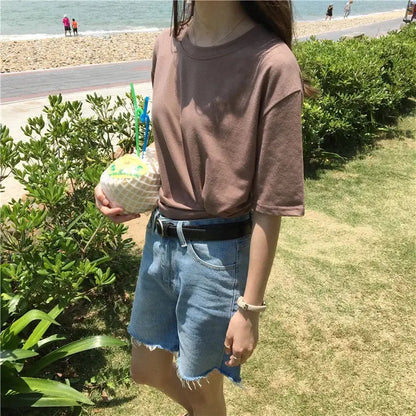 Jielur Tee Shirt Solid Color Basic T Shirt Women Casual O-neck Harajuku Summer Top Korean Hipster White Tshirt S-XL J&M Cheap Store