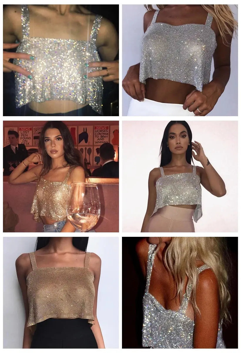 2023 Glitter Nightclub Backless Rhinestone Tank Top Women Sexy Metal Crystal Diamonds Sequined Night Club Party Wear Crop Top J&M Cheap Store