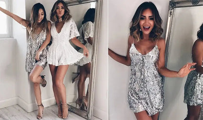 Deep V Neck Autumn Silver Sequined Backless Sexy Dress Women Off Shoulder Mini Dress Christmas Party Club Strap Dresses Vestidos J&M Cheap Store