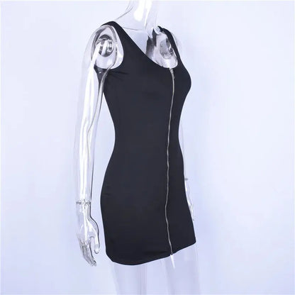 Hugcitar sleeveless V-neck zipper backless sexy bodycon mini dress 2019 summer women fashion black party clothes - J&M Cheap Store