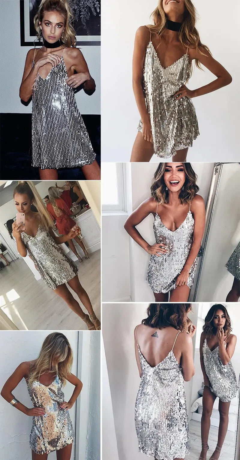 Deep V Neck Autumn Silver Sequined Backless Sexy Dress Women Off Shoulder Mini Dress Christmas Party Club Strap Dresses Vestidos J&M Cheap Store