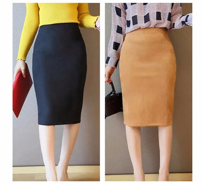 Sexy Multi Color Suede Midi Pencil Skirt Women 2024 Fashion Elastic High Waist Office Lady Bodycon Skirts Saias - J&M Cheap Store