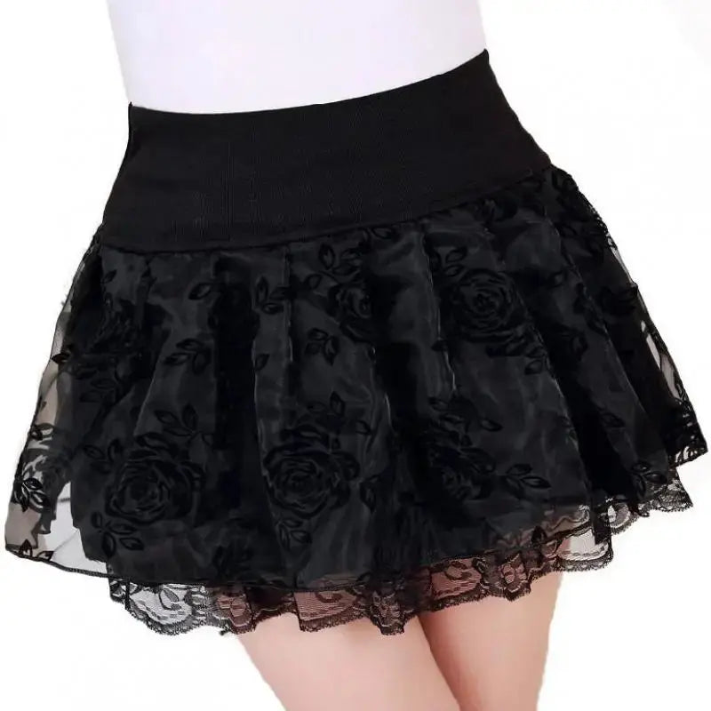 Zuolunouba Summer Slim Preppy Skirt Women Flower Bow Mini Tutu Style Elasticity Lace Skirts Shorts Lady High Waist Student J&M Cheap Store