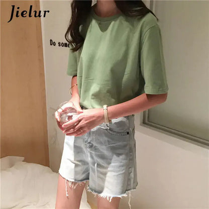 Jielur Tee Shirt Solid Color Basic T Shirt Women Casual O-neck Harajuku Summer Top Korean Hipster White Tshirt S-XL J&M Cheap Store