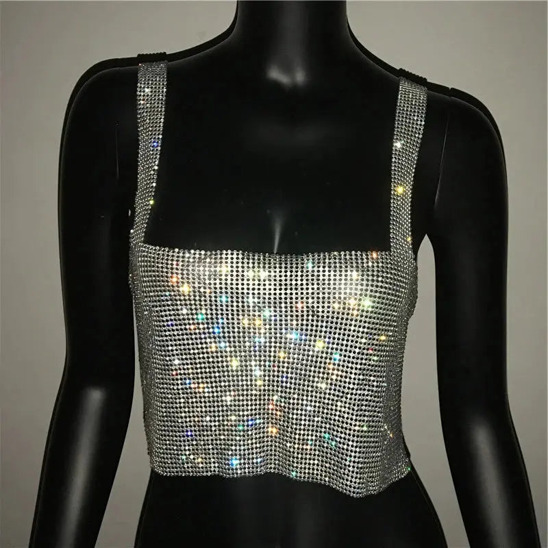 2023 Glitter Nightclub Backless Rhinestone Tank Top Women Sexy Metal Crystal Diamonds Sequined Night Club Party Wear Crop Top J&M Cheap Store