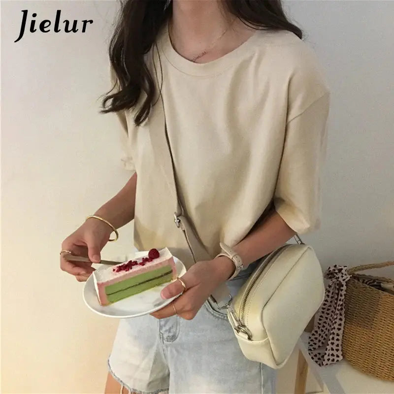 Jielur Tee Shirt Solid Color Basic T Shirt Women Casual O-neck Harajuku Summer Top Korean Hipster White Tshirt S-XL J&M Cheap Store