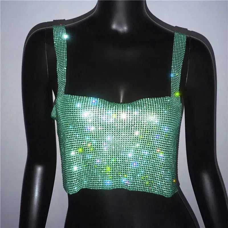 2023 Glitter Nightclub Backless Rhinestone Tank Top Women Sexy Metal Crystal Diamonds Sequined Night Club Party Wear Crop Top J&M Cheap Store