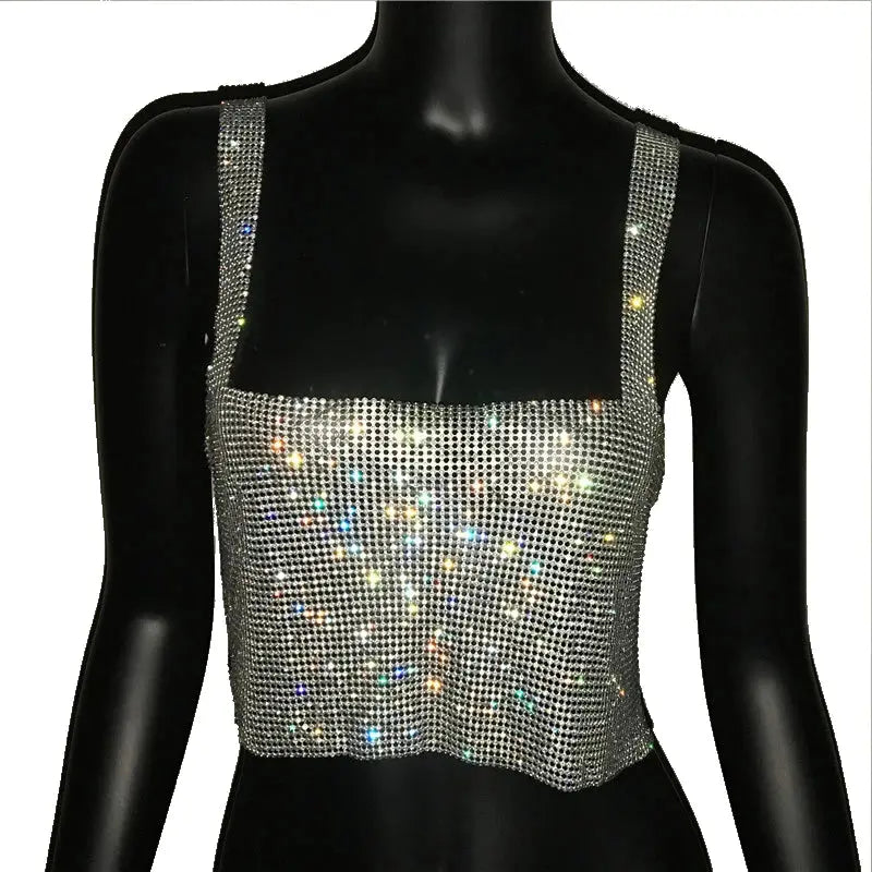 Bling Rhinestones Party Crop Top 2023 Fashion Solid Backless Straps Full Diamonds Sequins Cami Cropped Glitter Top for Women - J&M Cheap Store