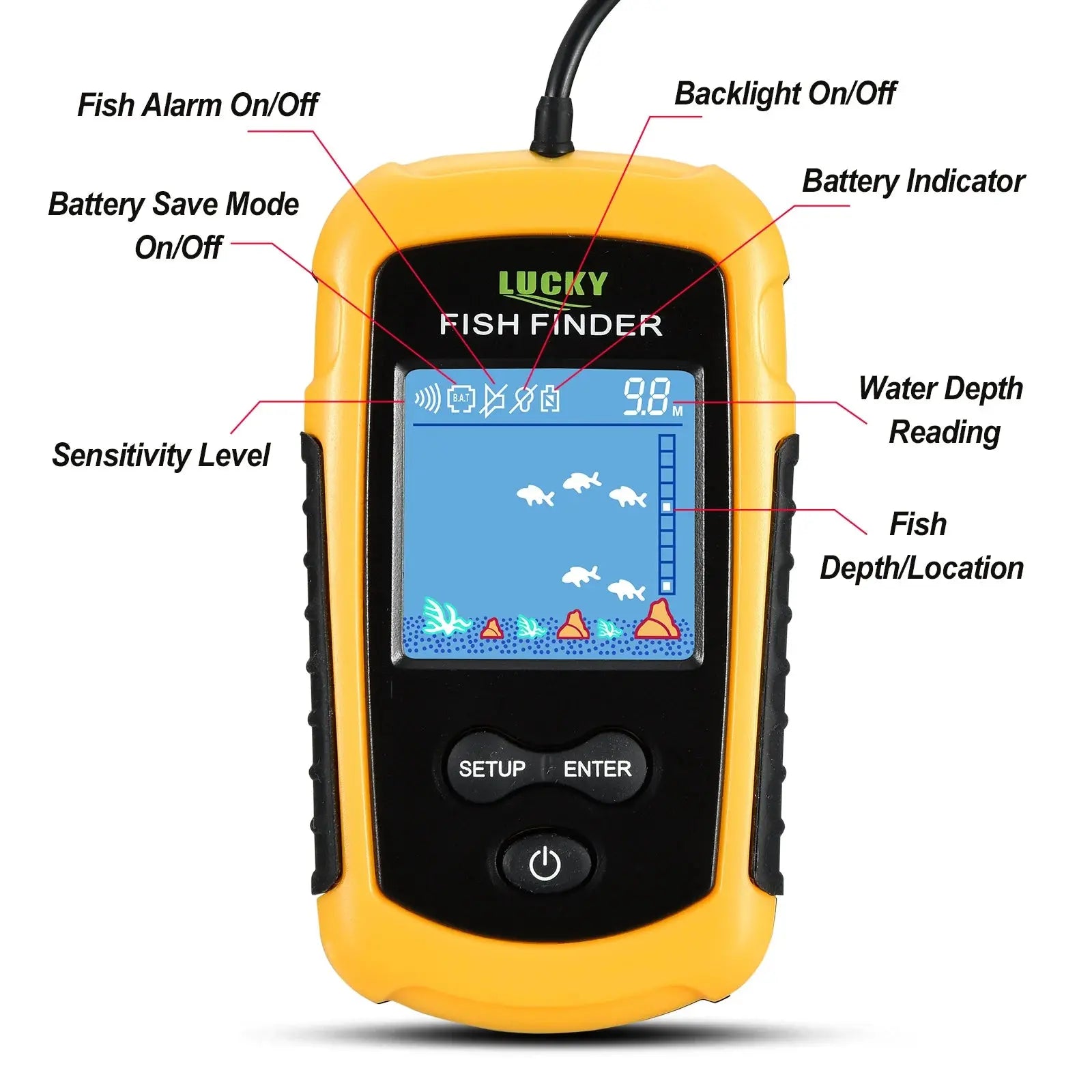 FFC1108-1 Alarm 100M Portable Sonar Fish Finders 45 degrees Sonar Coverage Echo Sounder Alarm Transducer Lake Sea Fishing J&M Cheap Store