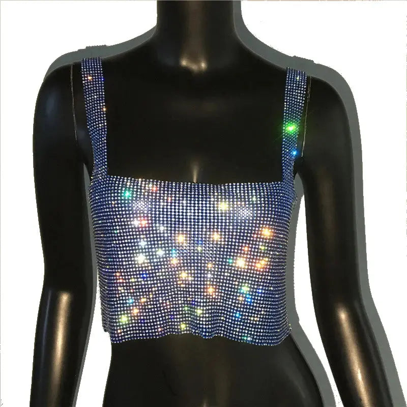 Bling Rhinestones Party Crop Top 2023 Fashion Solid Backless Straps Full Diamonds Sequins Cami Cropped Glitter Top for Women - J&M Cheap Store