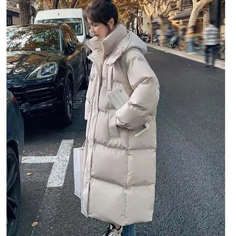 New Winter 2024 Women's Long Jacket Jacket Thickened Korean Loose Stylish Windproof Warm Hooded Down Cotton Jacket Coat J&M Cheap Store