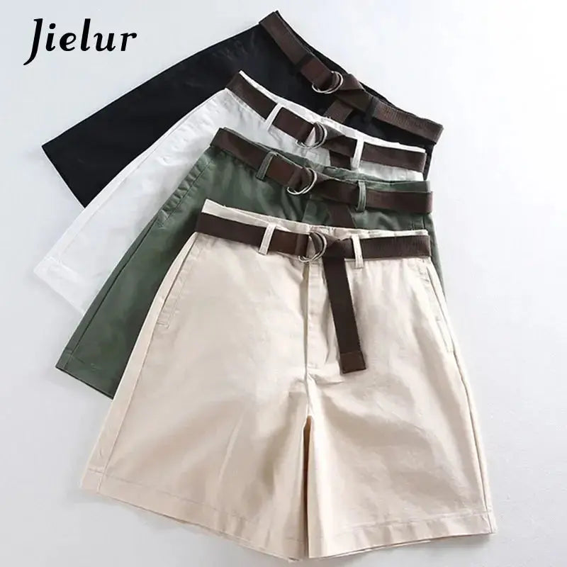 Jielur Shorts All-match 4 Solid Color Sashes Casual Shorts Women A-line High Waist Slim Short Femme Chic S-XXL Ladies Bottom - J&M Cheap Store