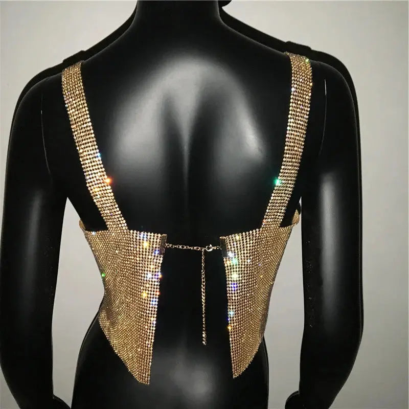 Bling Rhinestones Party Crop Top 2023 Fashion Solid Backless Straps Full Diamonds Sequins Cami Cropped Glitter Top for Women - J&M Cheap Store