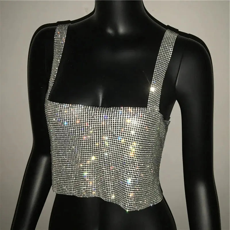 Bling Rhinestones Party Crop Top 2023 Fashion Solid Backless Straps Full Diamonds Sequins Cami Cropped Glitter Top for Women - J&M Cheap Store