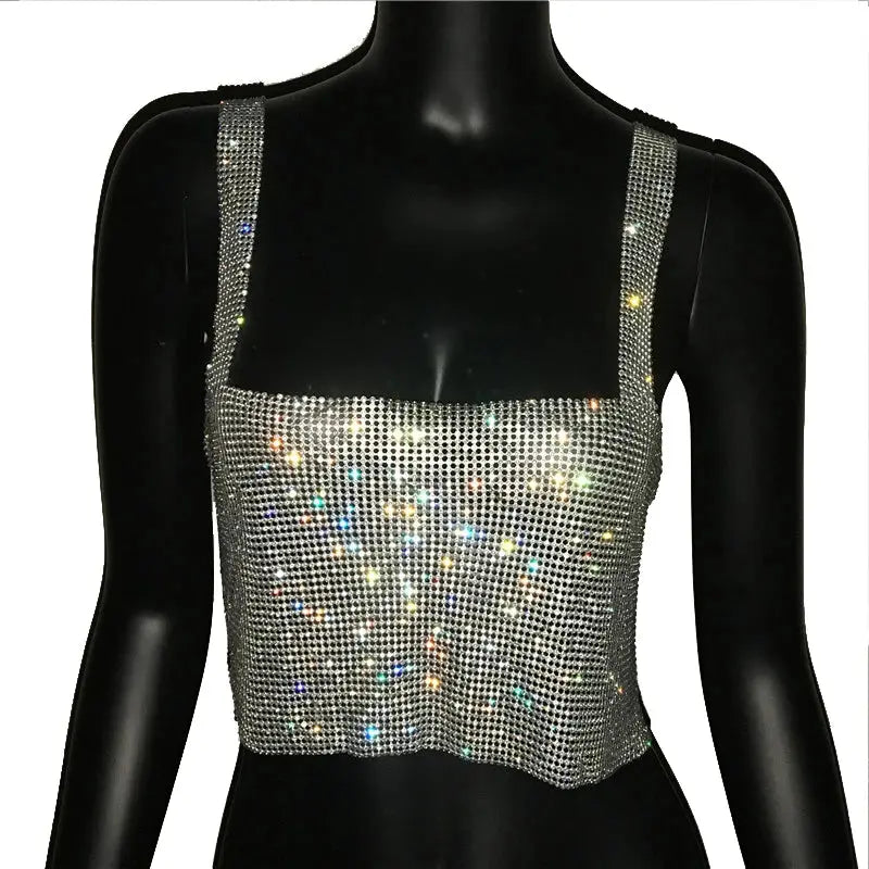 2023 Glitter Nightclub Backless Rhinestone Tank Top Women Sexy Metal Crystal Diamonds Sequined Night Club Party Wear Crop Top J&M Cheap Store